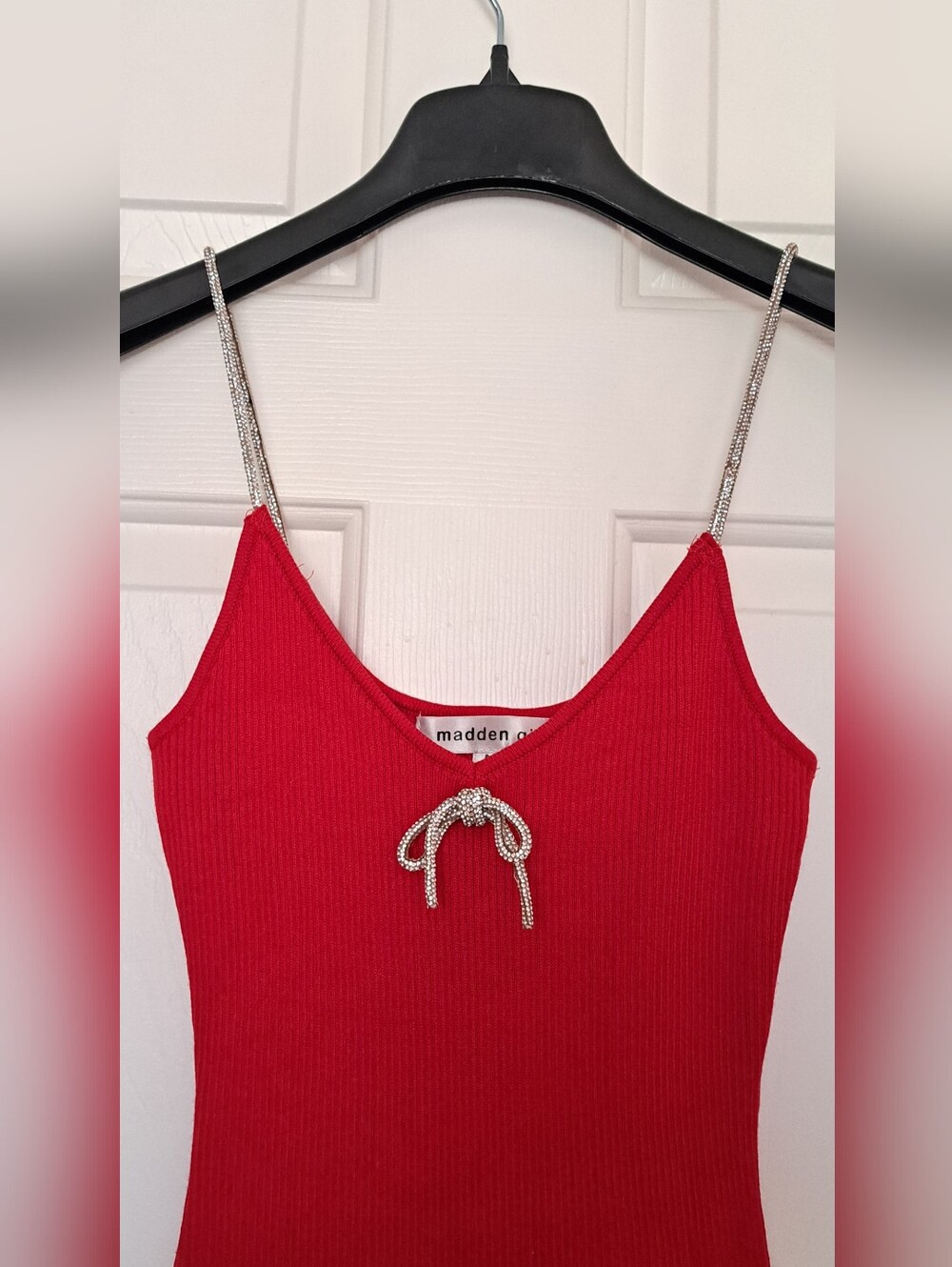 Red Ribbed Slip Dress with Rhinestone Straps - Picture 2 of 7